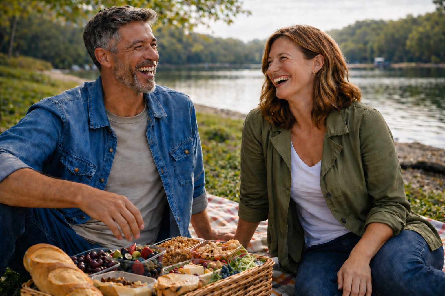 Adults laughing together at a lakeside picnic
