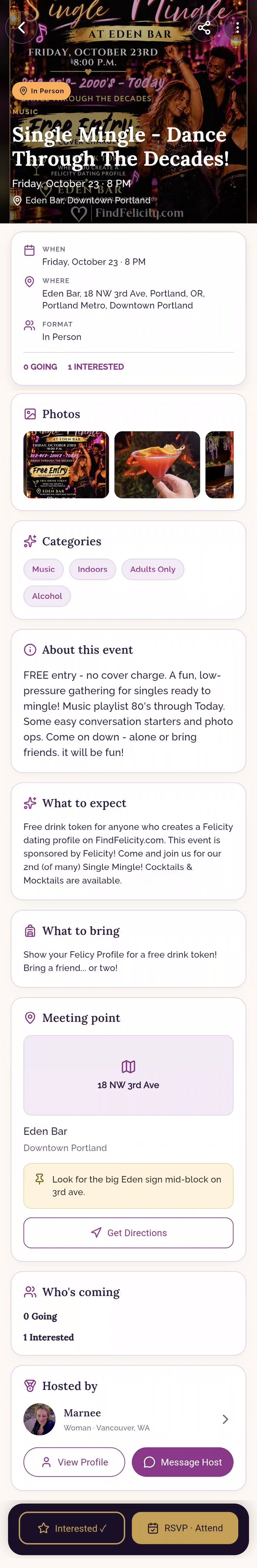 A Single Mingle event page in The Commons, with the date, location, details, meeting point, and RSVP buttons
