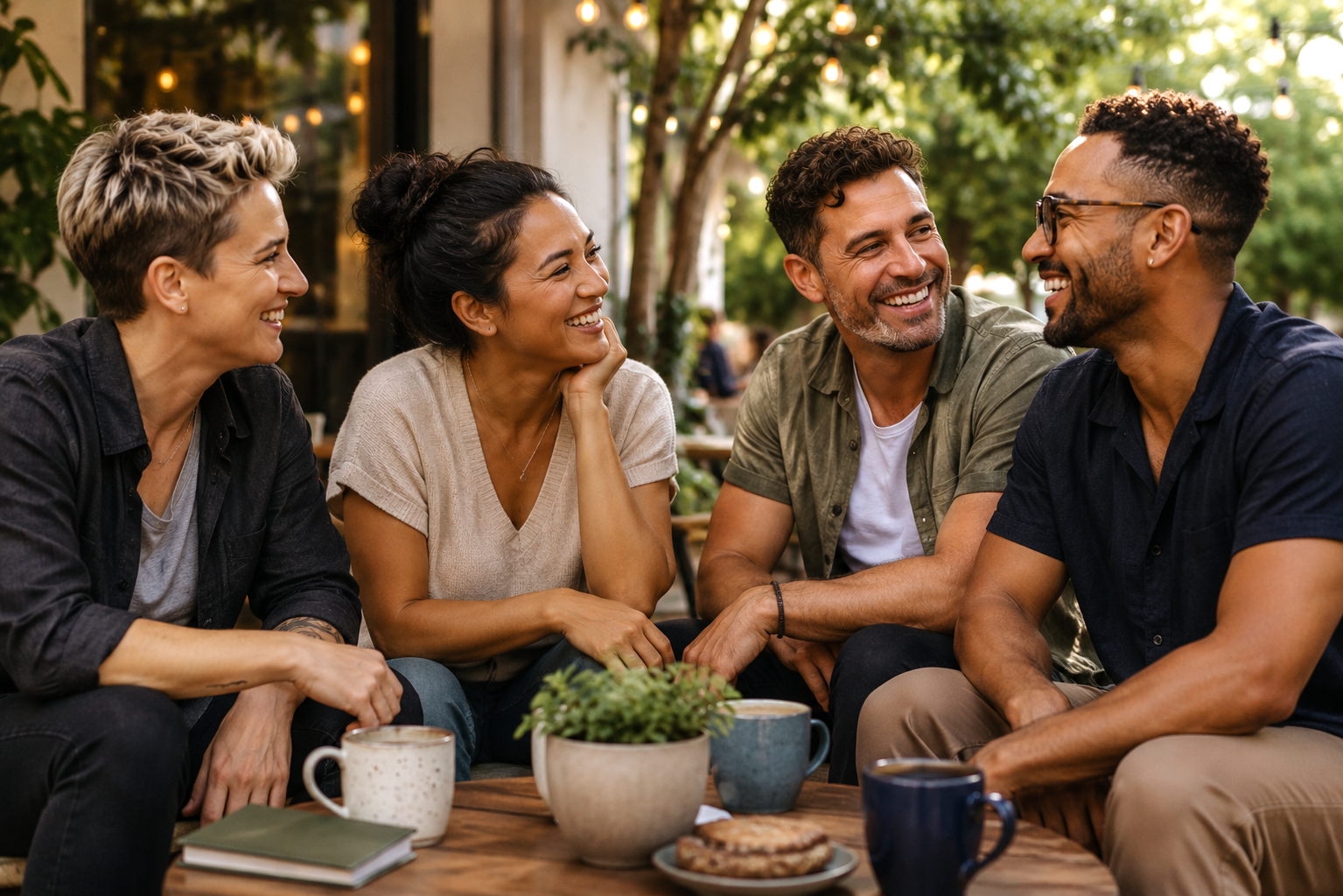 Diverse group of adults connecting on an evening patio