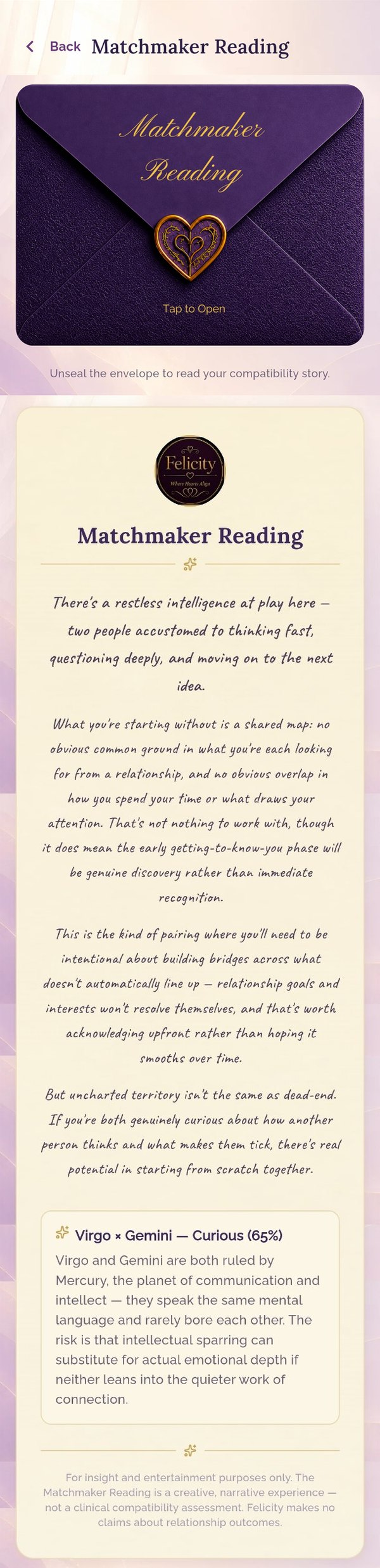 A Matchmaker Reading in the Felicity app: a sealed envelope that opens to a written compatibility story