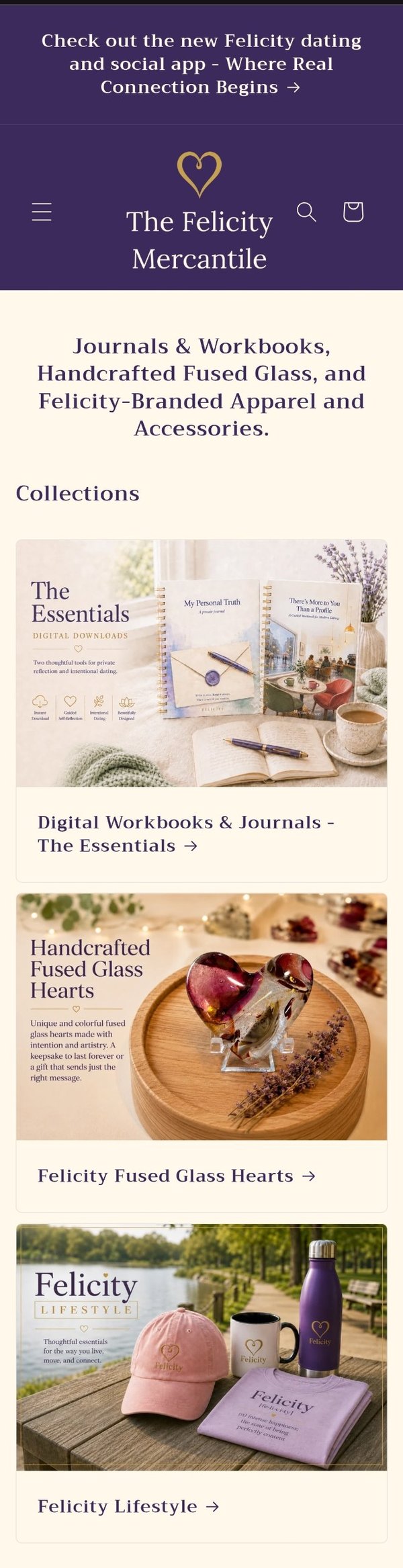 The Felicity Mercantile shop: journals and workbooks, handcrafted fused glass hearts, and Felicity lifestyle goods