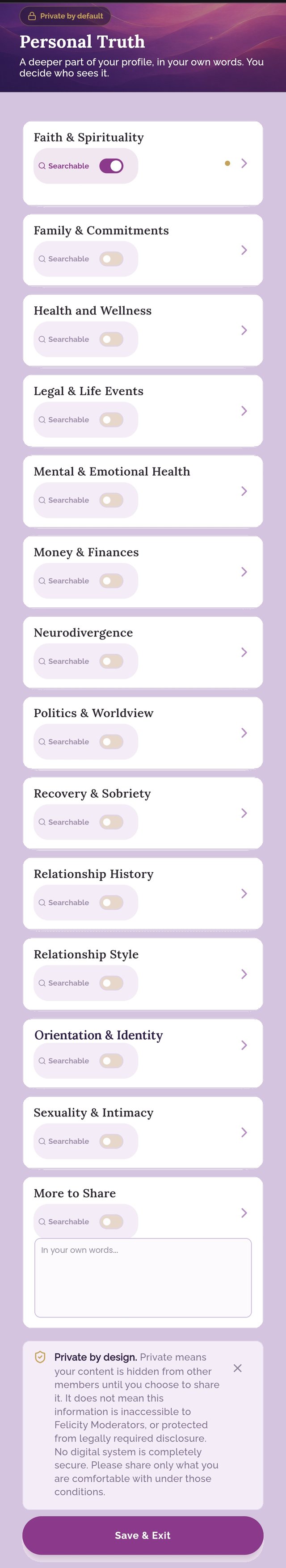 The Personal Truth screen in the Felicity app, listing every category with its Searchable toggle